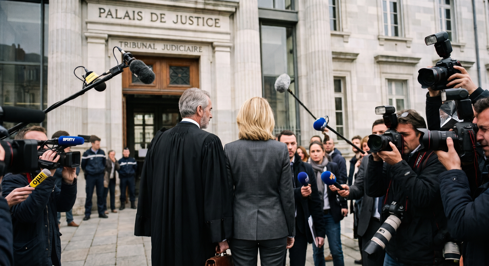 Un avocat en robe noire et une femme en tailleur gris de dos, debout côte à côte devant l'entrée du Palais de Justice (Tribunal Judiciaire), entourés d'une nuée de journalistes tendant micros et caméras, dans une scène évoquant une mise en examen très médiatisée.