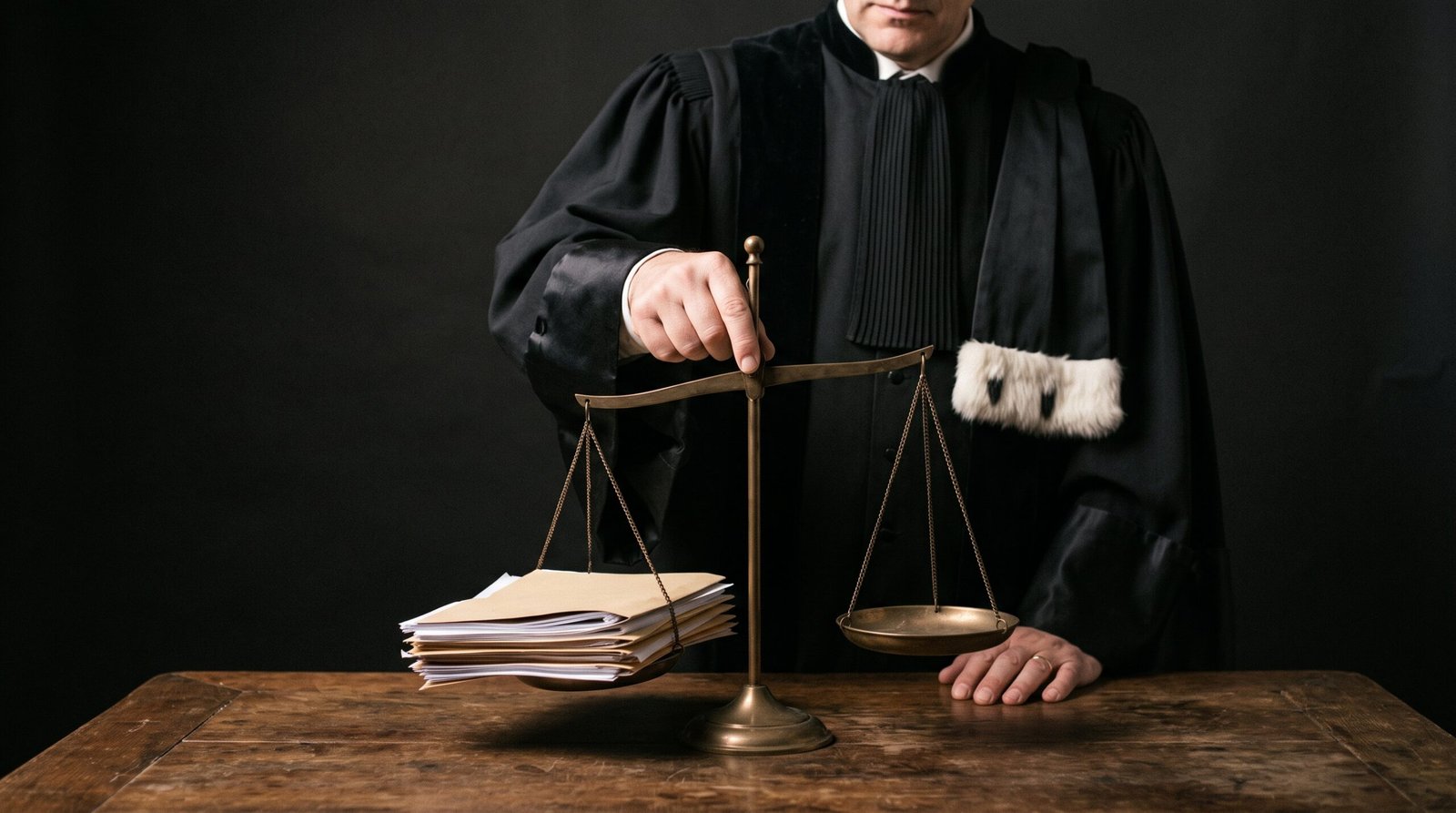 Image sur fond noir montrant un procureur de la République portant une robe de magistrat noire et une épitoge d'hermine blanche sur son épaule gauche, utilisant son index droit pour manipuler une balance de justice en laiton sur une table en bois vieilli. Le plateau de gauche de la balance, rempli de documents papier, est plus bas que le plateau de droite, qui est vide. L'image illustre la toute-puissance du procureur de la République quant à l’opportunité des poursuites et à un éventuel classement sans suite.
