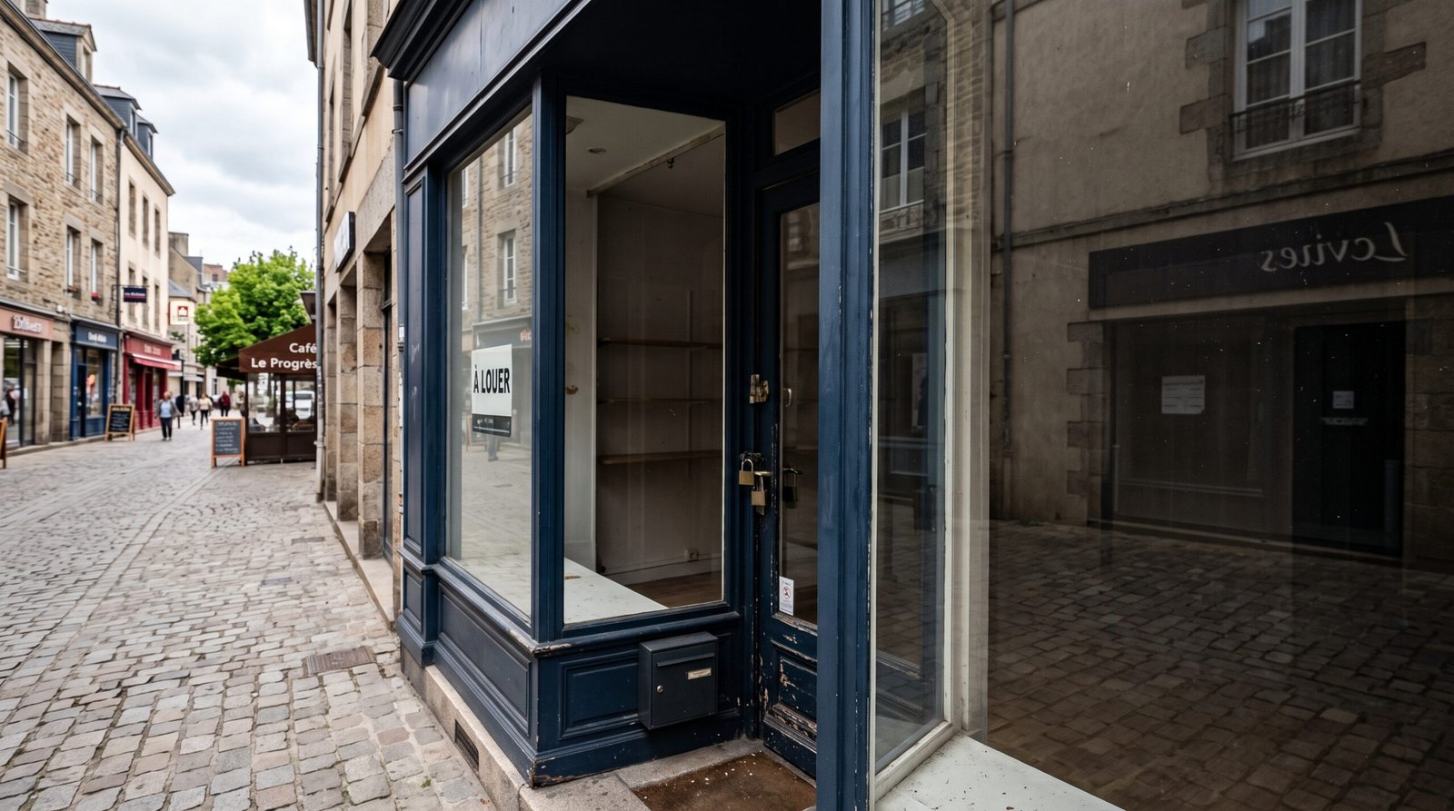 Local commercial vide à louer, vitrine fermée par un cadenas, en attente d'un nouveau bail commercial