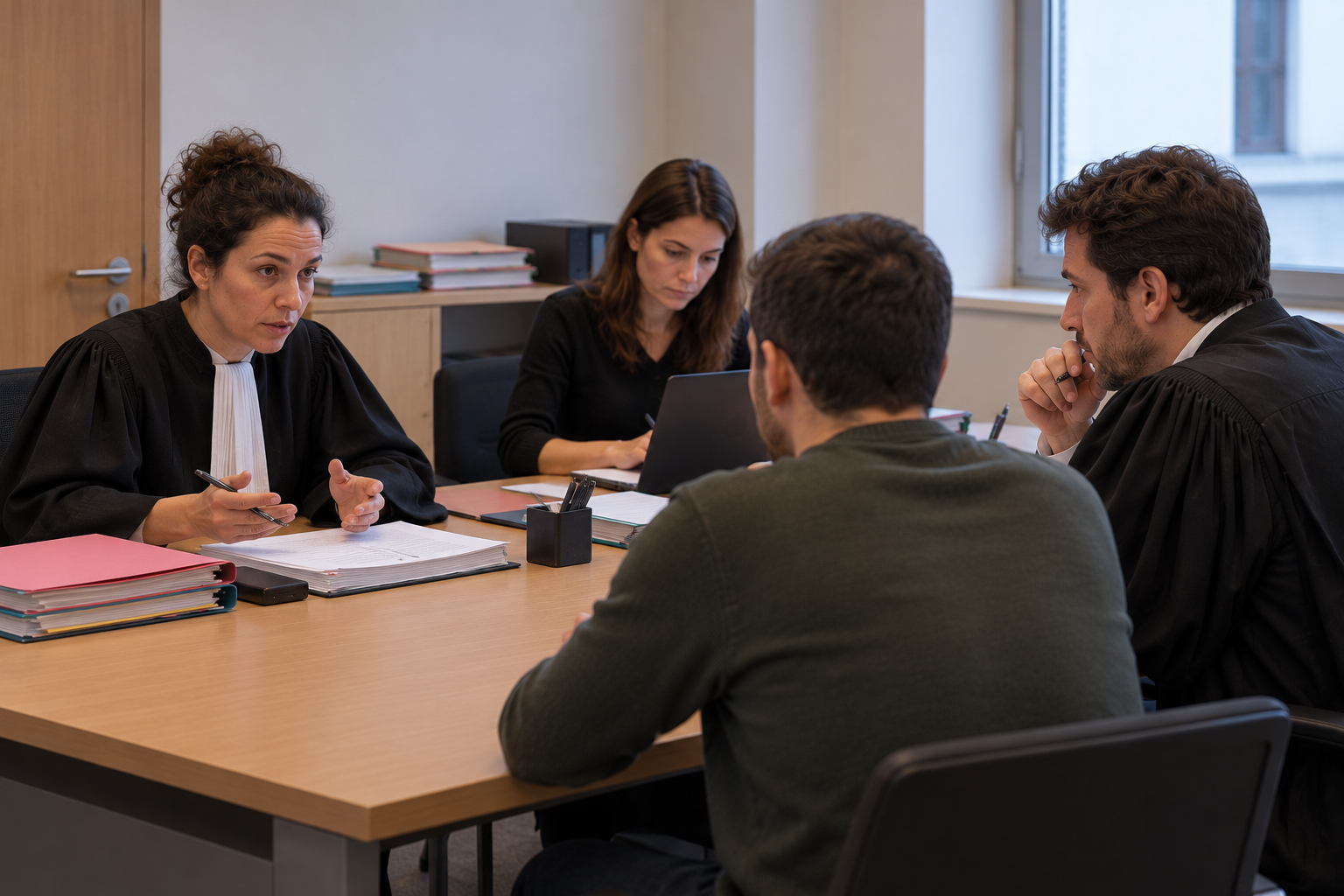 CRPC (comparution sur reconnaissance préalable de culpabilité) dans un bureau judiciaire : le procureur de la République, vêtu de sa robe noire à rabat blanc, échange avec la personne mise en cause et son avocat, tandis que le greffier consigne les éléments de la procédure sur un ordinateur.